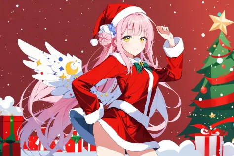 masterpiece, best quality, mika \(blue archive\), 1girl, blue archive, santa hat, (santa costume:1.1), santa girl, miniskirt, angel wings, breasts, halo, pink hair, yellow eyes, hair ornament, hair flower, red theme, christmas, scenery  <lora:mika:0.9>