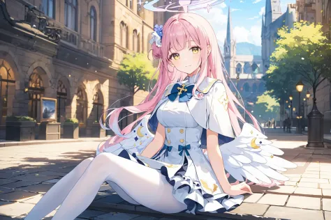 anime girl sitting on the ground in a city street（mika (blue archive))