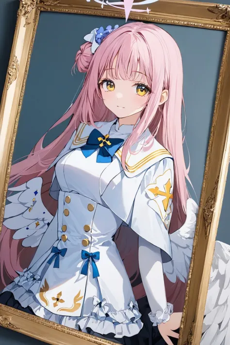 anime girl in a white dress with pink hair and a blue bow