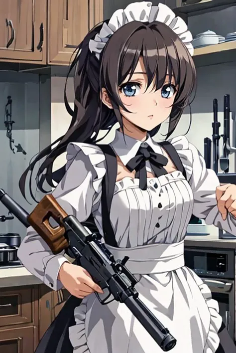1 maid girl, rifle, machine gun, kitchen