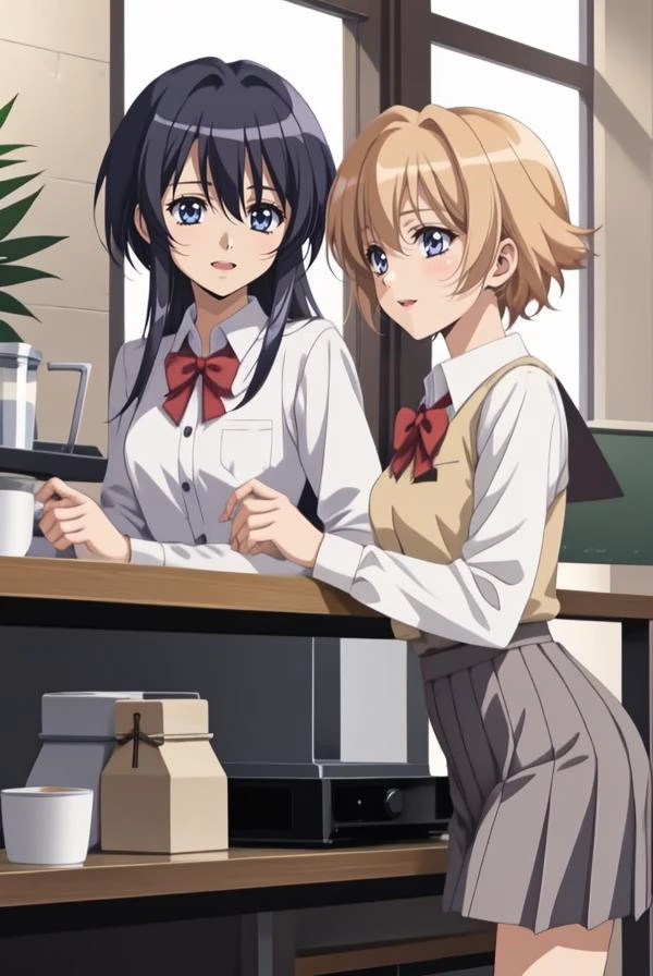 2 девушки в кафе , , радостный разговор, (аниме)
