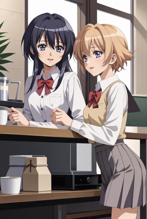 2 girls at coffee shop , school uniform, joyful talking, (anime)