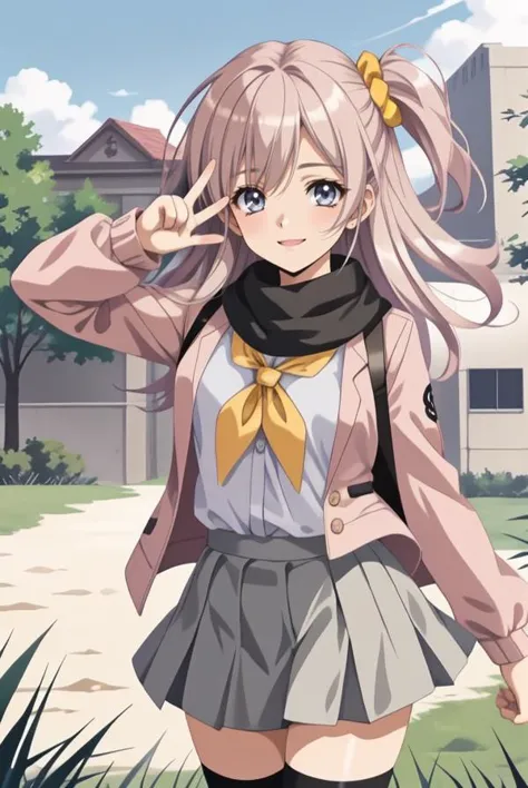 masterpiece, best quality, cowboy shot, looking at viewer, smile, long hair, one side up, hair scrunchie, school uniform, yellow scarf, pink jacket, bow, grey skirt, black socks, loafers, peace sign, outdoors, grass,