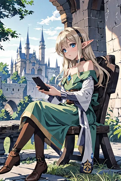 elf girl, watching smartphone, fantasy, outdoor , castle, sitting
