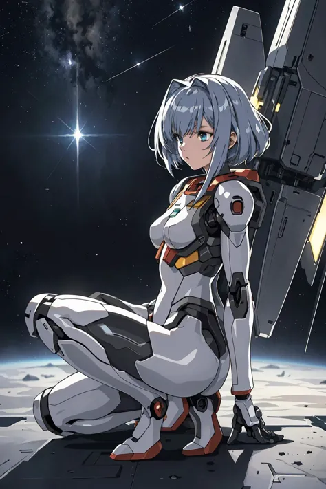 best ratio, a photo of sci-fi cyborg girl, gundam suits:0.1, stars, future space port, high detailed skin:0.3, film grain,  high...