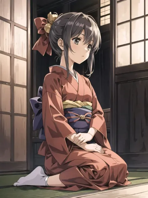1girl, solo, child,
sitting, 
japanese red kimono, 
socks