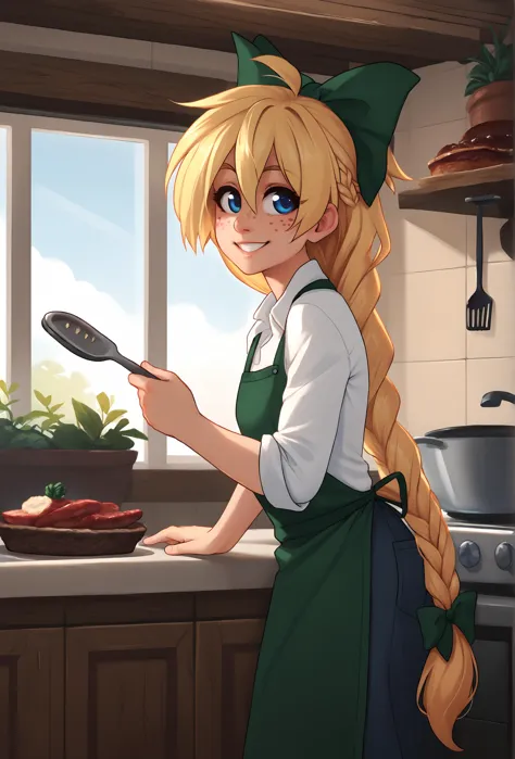 anime girl cooking in a kitchen with a frying pan