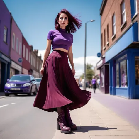 Cinematic photograph. Woman wearing a long burgundy skirt and purple top and chunky boots with very long eyelashes. Vivid colour. Extremely interesting street scene with blue sky. <lora:eyelashes:1>