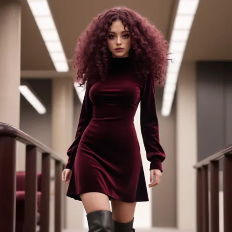 a close up of a woman in a dress and boots walking down a hallway