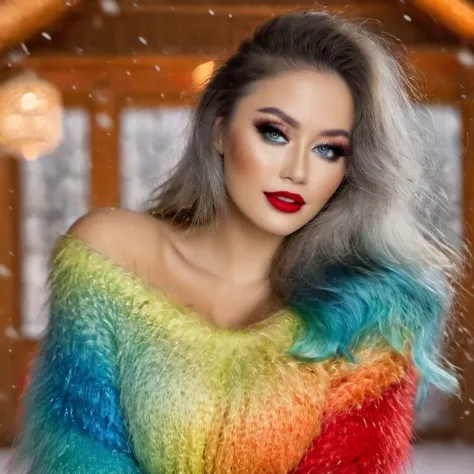 a close up of a woman with a colorful sweater and red lipstick