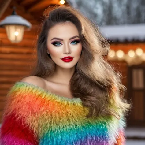 a woman with long hair and a colorful fur coat posing for a picture