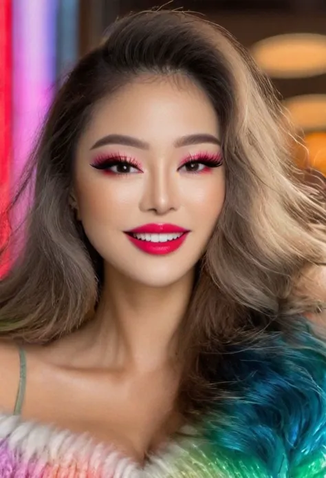 a woman with long hair and bright makeup posing for a picture