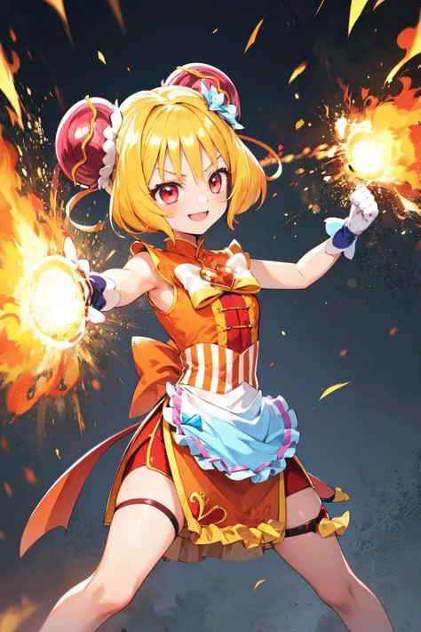 a woman in a dress holding a fireball and a sword