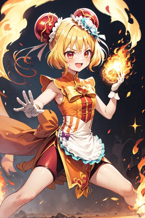 a woman in a dress with a fire ball in her hand