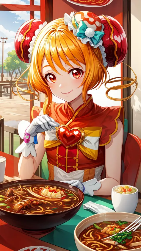 anime girl sitting at a table with a bowl of noodles