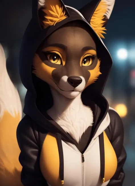 renubis, furry female anthro, fox girl, (black face:1.2), gold markings, portrait, close-up,  (white hoodie:1.2),  fur trim, solo, (body fur:1.2), (best quality), (detailed urban background:1.2), dramatic lighting, (detailed fluffy fur:1.1), looking at viewer,   medium breasts, <lora:renubis-v1-locon:1>