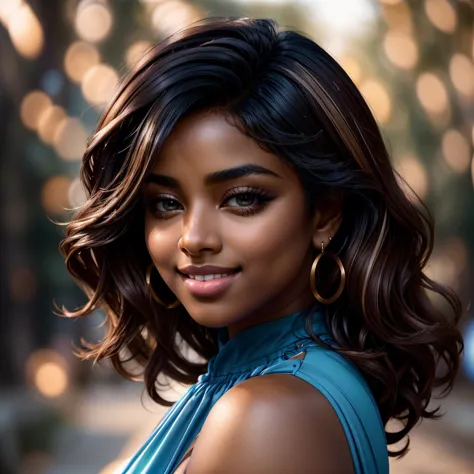 RAW photo, portrait, close-up, PriBlle, looking at viewer, smiling, perfect hair, perfect skin:1.3, professional headshot, shot on Hasselblad, perfect lighting, dutch angle, bokeh, outdoors, depth of field, blue dress, warm, loving, friendly <lora:PriyaBelle_v2:0.9> <lora:XenoDetailer_v2:0.6>, black hair with highlights, brown eyes