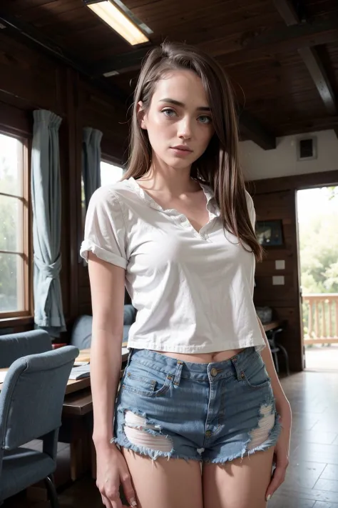 pictorialist style photo of AshlyAnderson, (wearing jean shorts, denim shorts, white shirt:1.3), ruins, upper body, hard light, eye level, 