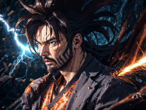 Retrato en primer plano fotorrealista en ZBrush del supersaiyan Keanu Reave con barba negra, ssj3 cargando ki dougi,super saiyajin 3, postura de lucha, very pelo largo, pelo largo, pelo negro, (pelo de punta), cara detallada, Solo enfoque, electricidad azul, Luz volumétrica, Partículas de perno que soplan, cabello de dragon ball 