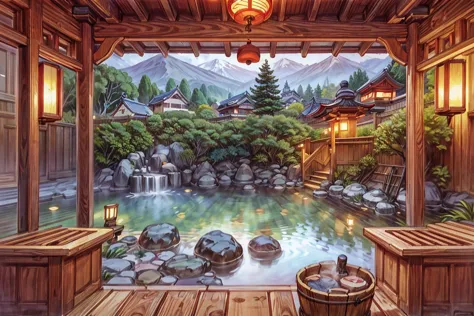 landscape, japan traditional hot onsen, dawn, dim light, detail, realistic, ((masterpiece)), hot steam, wooden bucket, forest, b...