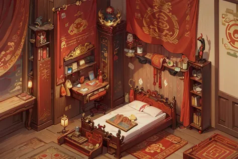 bedroom, oriental bed, chinese, ying and yang symbol, dragon statue, red, dim light, futuristic, satin, red curtain, golden, orn...