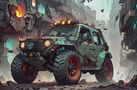 (battlecar:1.1), (4x4 off-road vehicle:1.08), (painted red:1.05), vehicle focus, no humans, car, wheel, tire, debris, fire, spar...