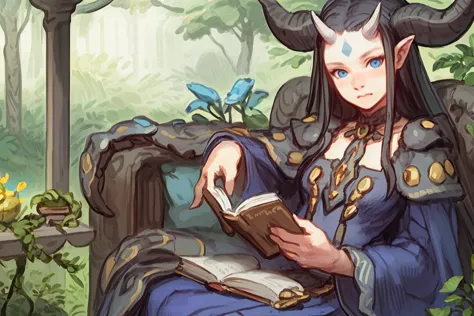 best quality,masterpiece,realistic,1girl, long hair, book, solo, black hair, sitting, holding, open book, horns, holding book, r...
