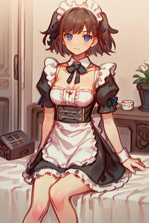 beautiful girl,maid dress,sitting on bed ,
