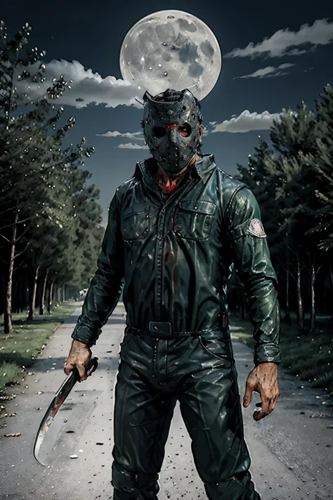 j3ys,hockey mask, green jumpsuit, red eyes, looking at viewer, medium shot, standing, holding a machete, outside, trees, moon, n...