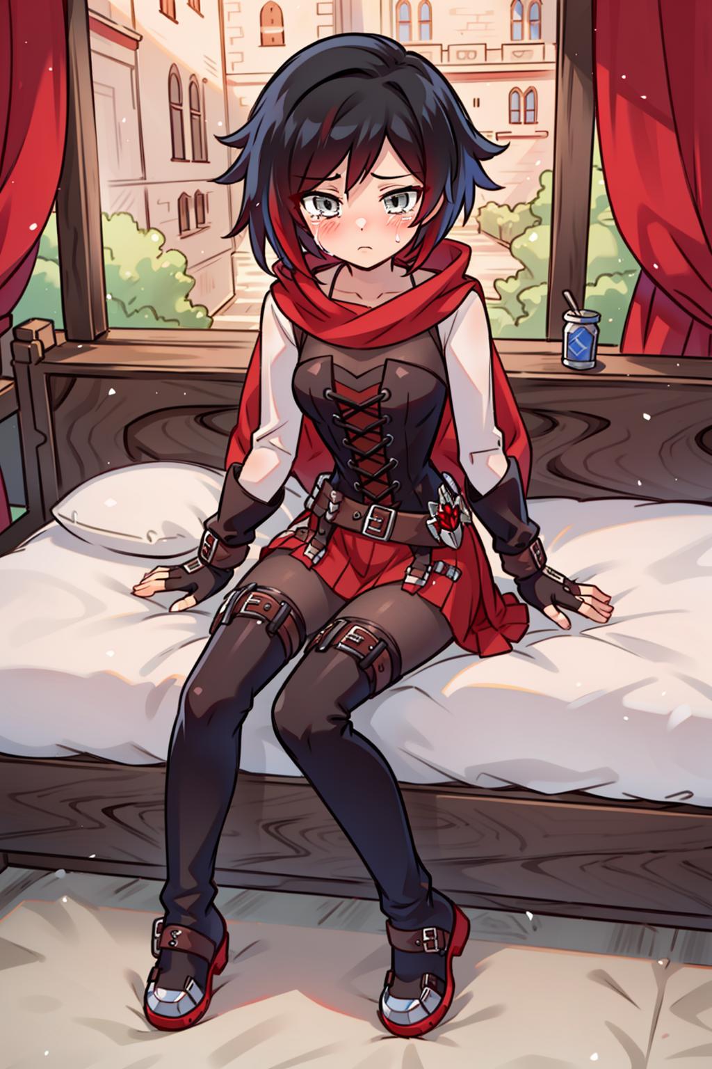 Anime girl sitting on a bed in a room with a window - SeaArt AI