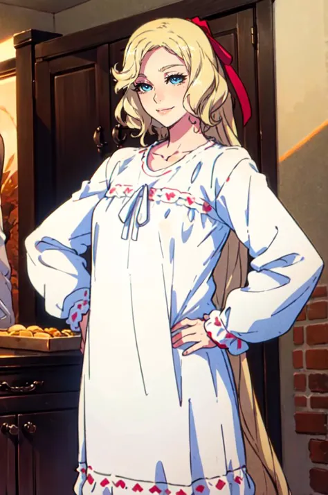 solo, cowboy shot, smile, hands on own hips, <lora:CastlevaniaMaria-v1:0.6> ChopioMaria, blue eyes, blonde hair, very long hair, wavy hair, eyelashes,  outfit_2, red hair ribbon, sleepwear, white nightgown, white ribbon, puffy long sleeves, sleeves past wrists,  <lora:ban!_locon_v2_5e4_32d_16c:1>, absurdres, ultra detailed, masterpiece, best quality, aesthetic, detailed,