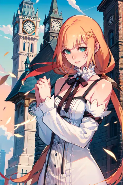 smile, straight-on, hands up, clenched hands, (clock tower:1.3), outdoors, <lora:Strelitzia:0.8> khstrelitzia, low twintails,  <lora:ban!_locon_v2_5e4_32d_16c:1>, absurdres, ultra detailed, masterpiece, best quality, aesthetic, detailed,