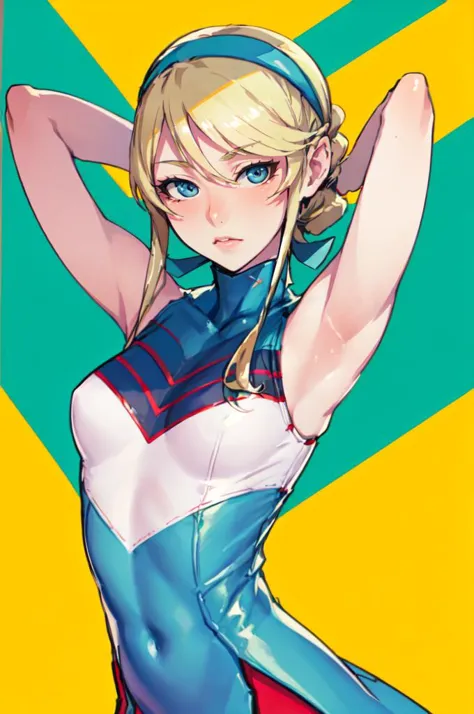 <lora:heroman_linadavis:0.9> lina davis, blue eyes, blonde hair, hairband, cheerleader, dress, bare shoulders,   <lora:ban!_locon_v2_5e4_32d_16c:1> blush, arms up, arms behind head,, absurdres, ultra detailed, masterpiece, best quality, aesthetic, detailed,