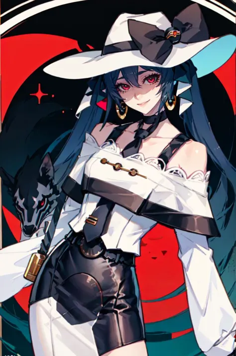 <lora:mikudark:0.85> akumiku, red eyes, twintails, blue hair, very long hair, hat, jewelry, earrings, necktie, gloves, choker, dress, bare shoulders, belt, long sleeves, bar \(place\), art deco, smile, low light,  <lora:ban!_locon_v2_5e4_32d_16c:1>, absurdres, ultra detailed, masterpiece, best quality, aesthetic, detailed,