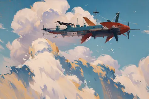 oboro, sky, cloud, scenery, airship, fantasy, day, blue sky, flying, outdoors, aircraft, bird, ship, no humans, watercraft, dragon, water, blue theme, cloudy sky<lora:oboro-pynoiseloha-000008:1>