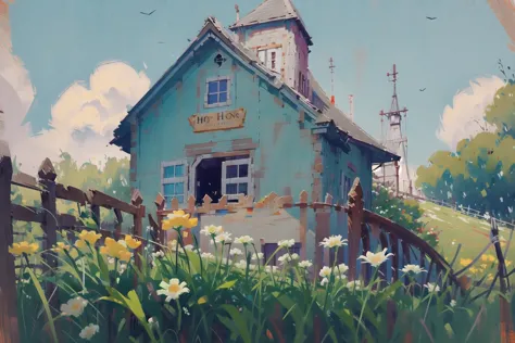 painting of a blue house with a fence and flowers in the foreground