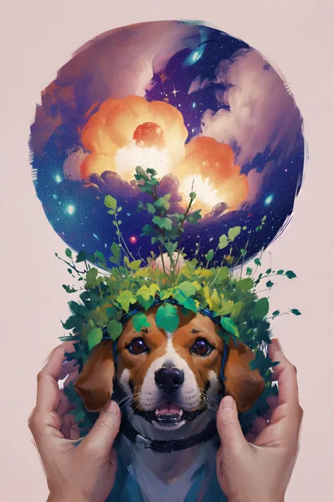 painting of a dog with a head full of leaves and a planet