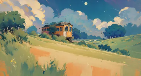 painting of a house in a field with a sky background