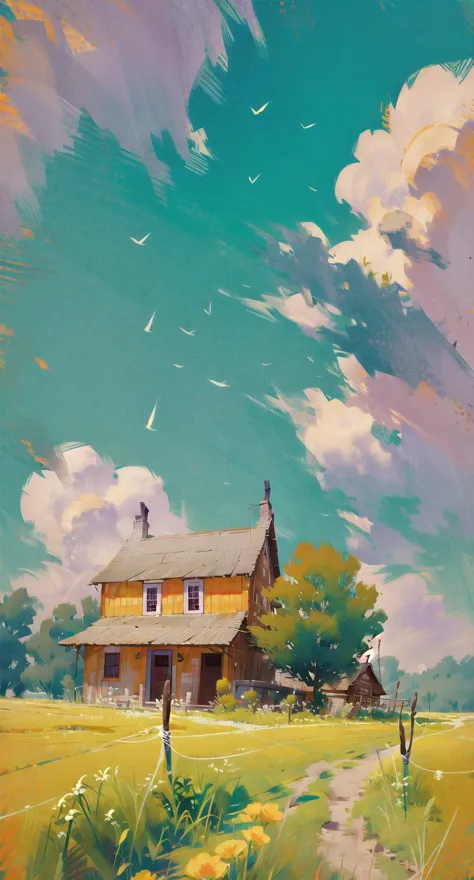 painting of a house in a field with a sky background