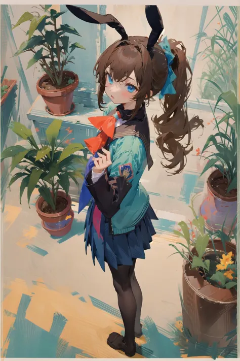 a painting of a girl with bunny ears holding a carrot