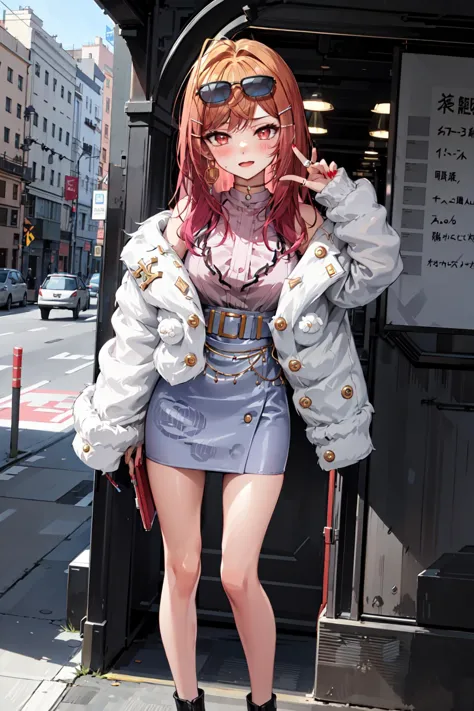 anime girl with red hair and sunglasses standing on a sidewalk