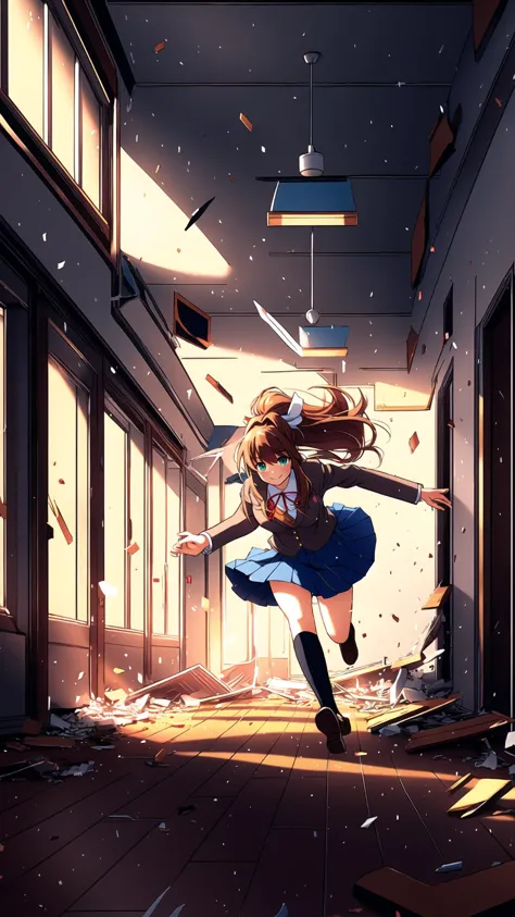 anime girl running through a room with broken windows