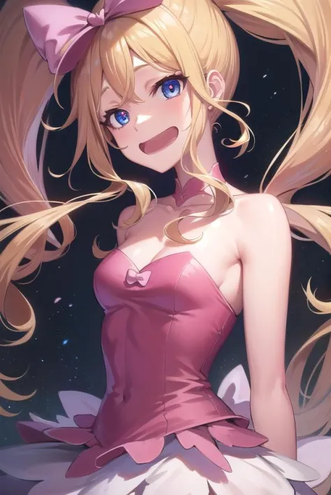 nuiharime, nui harime, 10s, big hair, blonde hair, blue eyes, drill hair, eyepatch, hair bow, long hair, pink bow, twin drills, twintails, open mouth, smile,
BREAK boots, bow, dress, eyepatch, hair bow, pink footwear, strapless, strapless dress,
BREAK looking at viewer, upper body, full body,
BREAK outdoors,
BREAK (masterpiece:1.2), best quality, high resolution, unity 8k wallpaper, (illustration:0.8), (beautiful detailed eyes:1.6), extremely detailed face, perfect lighting, extremely detailed CG, (perfect hands, perfect anatomy),