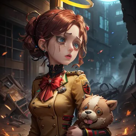 masterpiece, best quality, identity v,button eyes, detailed, 8K, 1girl  holding stuffed toy,short, rage, upper body, day,hell,hospital ruins,small breasts,red fog,foggy,crying, airforce uniform,RED tearslong tuxedo, monocle, gate,revenant \(apex legends\), halo armor, laser,spartan \(halo\) suit,forrest,earpiece,