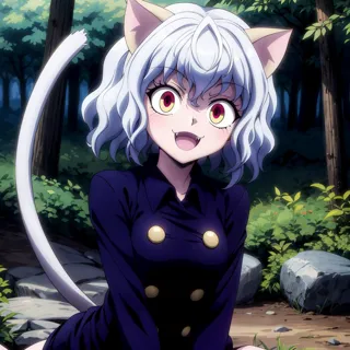 <lora:Neferpitou001:0.6>,<lora:add_detail:1>,<lora:noline:0.3>,solo,open mouth,fangs,smile,
Neferpitou,1girl,red eyes,cat ears,
blue jacket,double-breasted,
(nature:1.2),