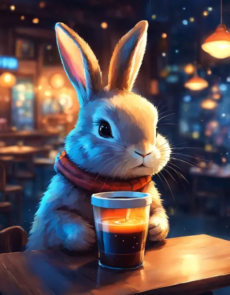 a cute Bunny holds a [cup of coffee|cup of coffee|carrot shaped mug],  in the style of realistic usage of light and color,  anim...