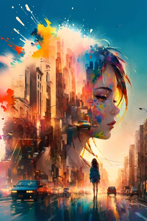 double exposure, city, girl (paint splashes, colorful, outrun, paint texture:1.2) (masterpiece:1.2), best quality, (hyperdetailed, highest detailed:1.2), high resolution textures