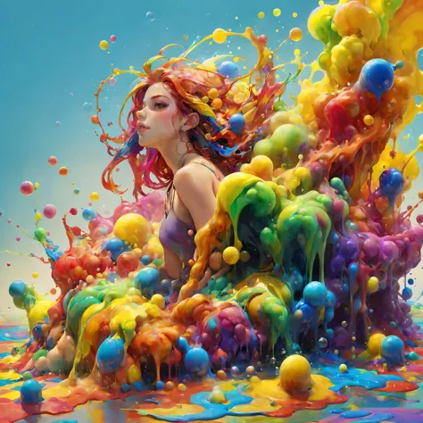 1girl, rainbow hair, (paint bubbles, paint splashes, colorful background, outrun, paint texture:1.1) acidzlime (masterpiece:1.2), best quality, (hyperdetailed, highest detailed:1.2), high resolution textures