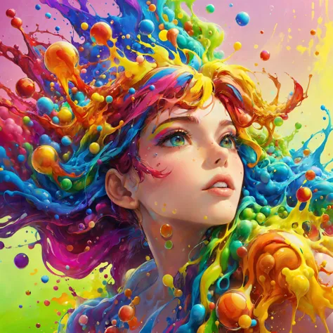 1girl, rainbow hair, (paint bubbles, paint splashes, colorful background, outrun, paint texture:1.1) acidzlime (masterpiece:1.2), best quality, (hyperdetailed, highest detailed:1.2), high resolution textures