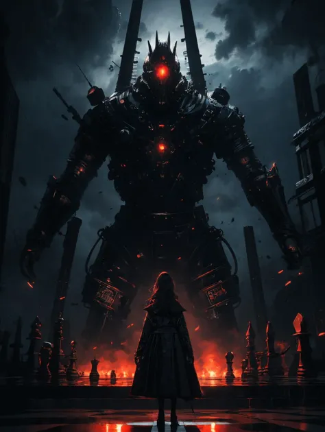 a man standing in front of a giant robot with red eyes